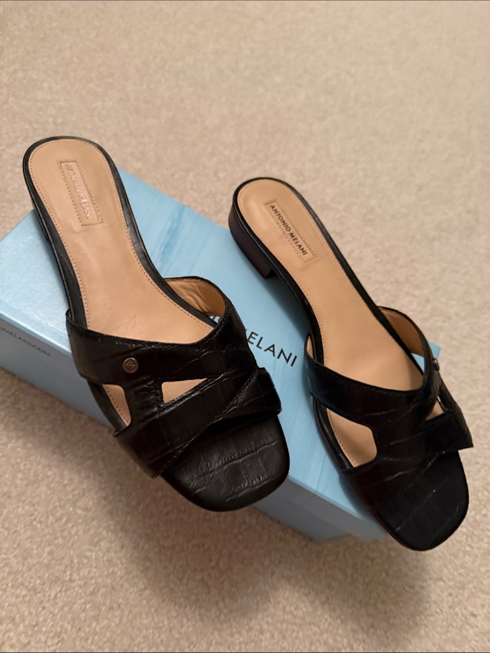 Antonio Melani Carrah Black Croc-Embossed Slide Sandals Size 10